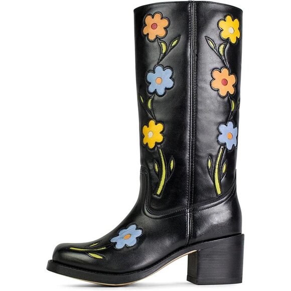 🆕Women Black Faux Leather Knee High with Flowers Square Toe Chunky Heel Boots - Picture 4 of 10